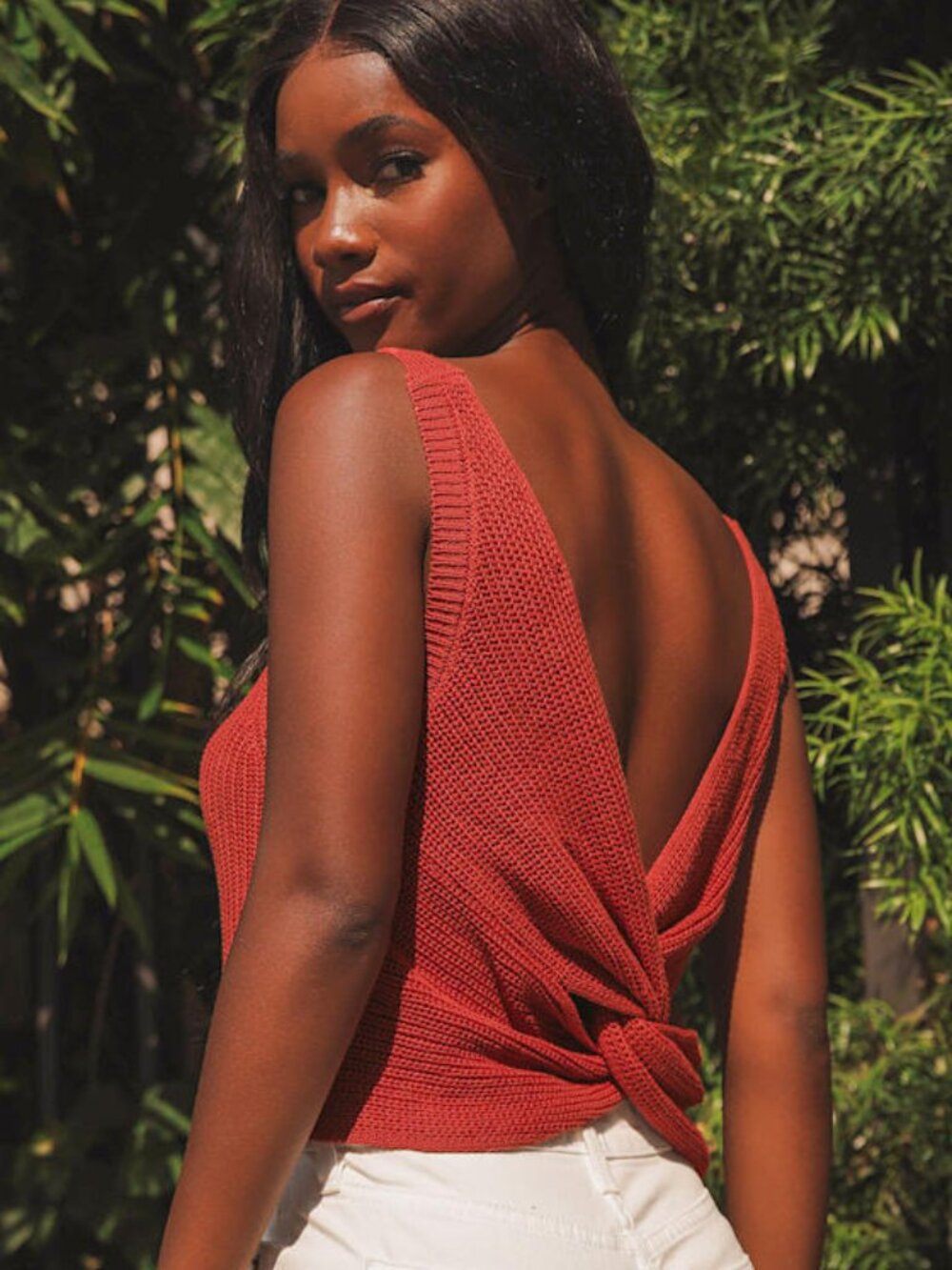 Lulus Let's Get Away Rust Red Knit Twist Back Tank Top - Size M